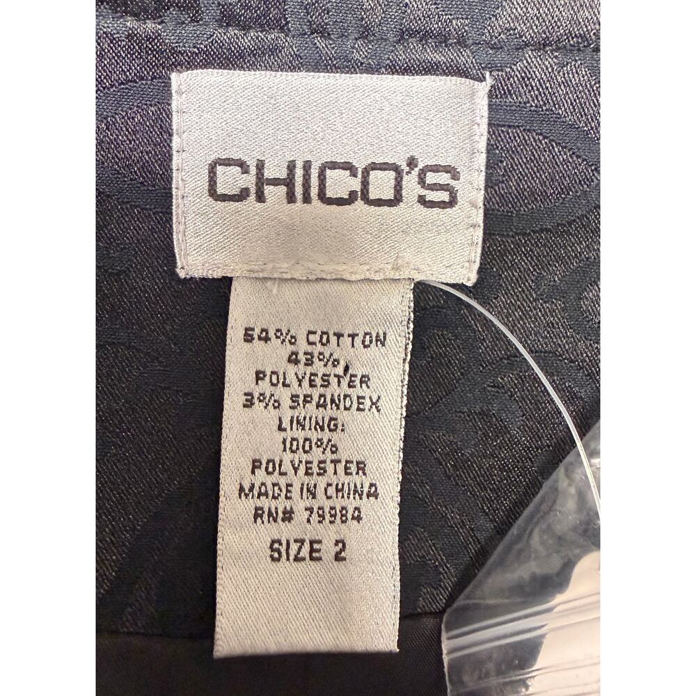 Chico’s Allaro 7/8 Sleeve Jacket Womens Size 2 Black Scroll Pattern Button New - Picture 10 of 11